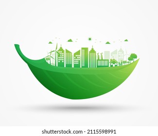 green city ecology on leaves.world environment day and sustainable development. save nature and  the world. vector illustration in flat style modern design. isolated on white background.