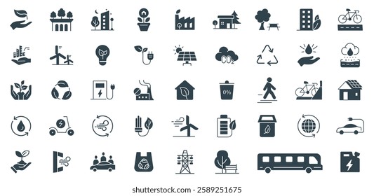 Green City and Ecology Solid Icon Set. Vector Illustration of Eco-Friendly Living, Eco City, Renewable Energy, Green Buildings, and Environmental Sustainability symbols