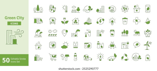 Green City Editable Line Icons Set. Green Technology, Net Zero, Carbon Neutral and Environmental Sustainability Concept in Minimal Style. Thin Outline Icons Collection