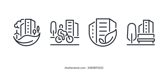 Iconos de contorno de trazo editable de la ciudad verde establecidos aislados en Ilustración vectorial plana de fondo blanco. Píxel perfecto. 64 x 64