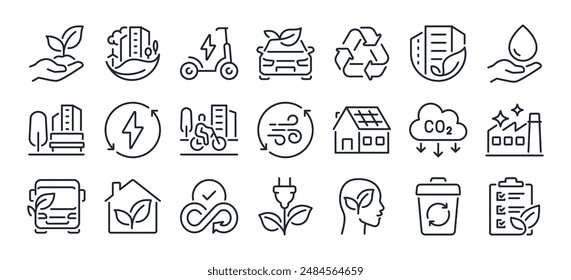 Green city editable stroke outline icons set isolated on white background flat vector illustration. Pixel perfect. 64 x 64