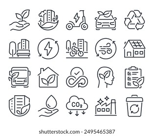 Green city editable stroke outline icons set isolated on white background flat vector illustration. Pixel perfect. 64 x 64