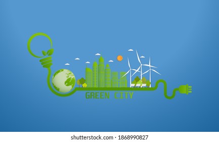 Green city and environment conservation with wind turbines and solar cells. Eco and nature concept. Vector illustration EPS10.