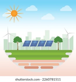 Entorno verde de la ciudad con paneles solares y turbinas eólicas. Ciudad respetuosa con el medio ambiente. Energía sostenible para el medio ambiente. Ilustración vectorial.