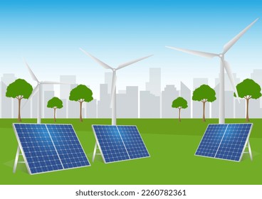Green City Environment with Solar Panels and Wind Turbines. Environmentally friendly City. Sustainable energy for Environment. Vector Illustration.