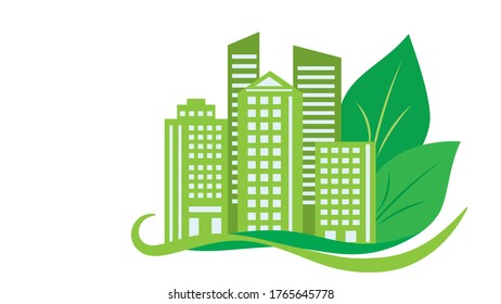 Green city, environmental concept, city buildings and foliage, logo template, flat design vector illustration.