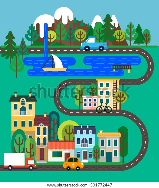 Green city flat design.\
Nature landscape with mountains, trees, waterfall, lake, road and\
small city. Vector illustration for info graphic, web and graphic\
design.