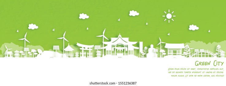 Green city of Fukuoka, Japan. Environment and ecology concept in paper cut style. Vector illustration.