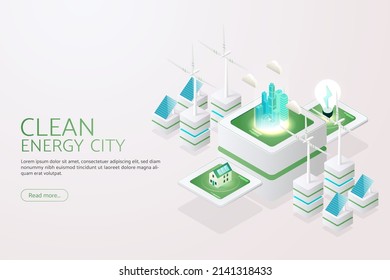 La ciudad verde genera electricidad con paneles solares y turbinas eólicas Energía limpia y energía alternativa ambientalmente sostenible tecnología de energía verde futura ciudad. ilustración vectorial isométrica.