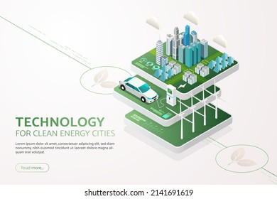 Green city genera electricidad con paneles solares y turbinas eólicas Energía limpia EV car Charge batería energía alternativa energía verde tecnología futura ciudad. ilustración vectorial isométrica.