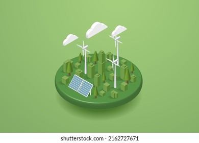 Green City Generates Electricity With Solar Panels And Wind Turbines Clean Energy And Environmentally Sustainable Alternative Energy Green Energy Technology Future City. Isometric Vector Illustration.