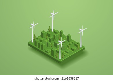 La ciudad verde genera electricidad con turbinas eólicas Energía limpia y energía alternativa ambientalmente sostenible tecnología de energía verde futura ciudad. Ilustración vectorial isométrica 3d.