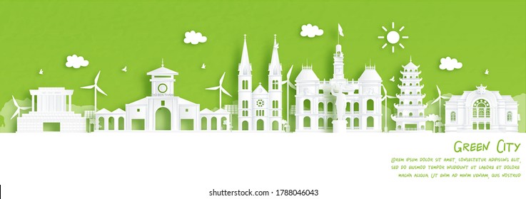 Green city of Ho Chi Minh City, Vietnam. Environment and ecology concept in paper cut style. Vector illustration.