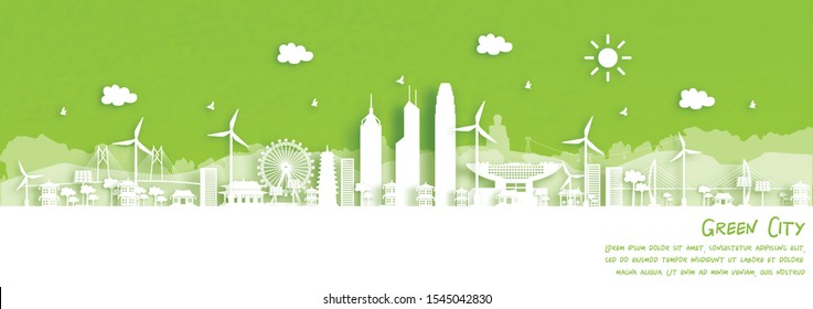 Green city of Hong Kong, China. Environment and ecology concept in paper cut style. Vector illustration.