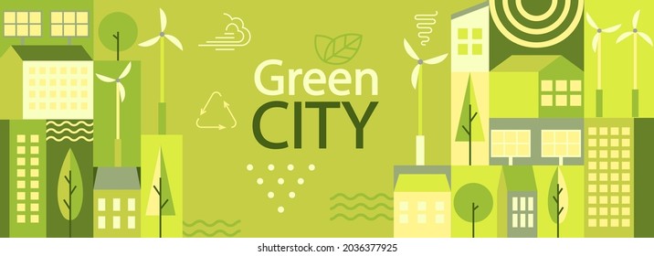 Green city horizontal banner in simple minimal geometric flat style. Ecology and sustainable poster,flyer with solar panels, wind turbines, buildings and trees - eco and green energy concept.Vector.