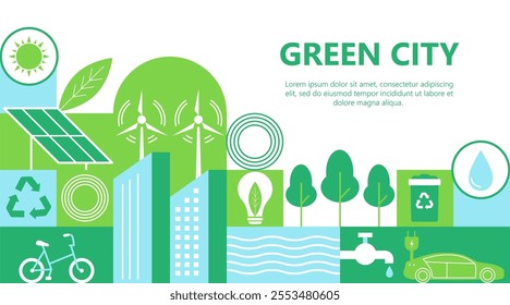 Green city horizontal banner in simple minimal geometric flat style. Ecology and sustainable poster,flyer with solar panels, wind turbines, buildings and trees - eco and green energy concept.Vector.