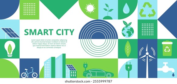 Green city horizontal banner in simple minimal geometric flat style. Ecology and sustainable poster,flyer with solar panels, wind turbines, buildings and trees - eco and green energy concept.Vector.