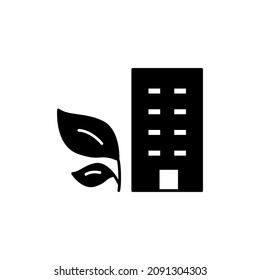 Icono de ciudad verde en glifo plano negro, estilo relleno aislado en fondo blanco