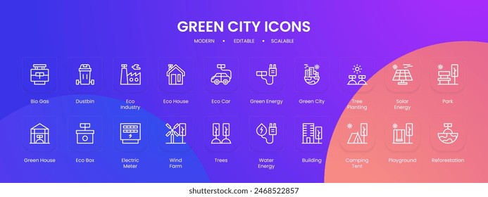 Green city icon collection with black outline style. city, green, design, ecology, collection, concept. Vector Illustration