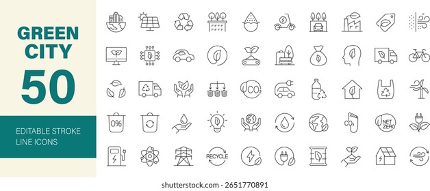 Green city icon set. Containing eco, environment, ecology, green energy, zero waste, CO2 neutral, air, water quality, nature and more. Editable line icons. Vector illustration.