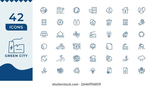 Green city icon set. Eco related line icons: environment, ecology, green energy, zero waste, CO2 neutral, air, water quality, nature and more.