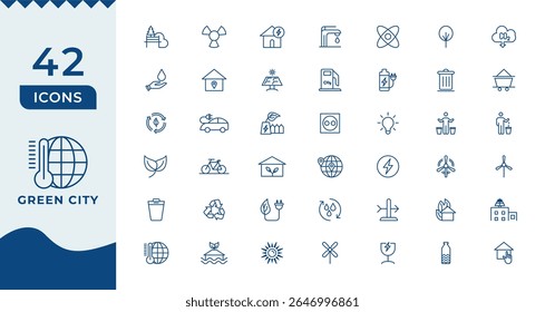 Green city icon set. Eco related line icons: environment, ecology, green energy, zero waste, CO2 neutral, air, water quality, nature and more.