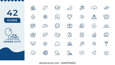 Green city icon set. Eco related line icons: environment, ecology, green energy, zero waste, CO2 neutral, air, water quality, nature and more.
