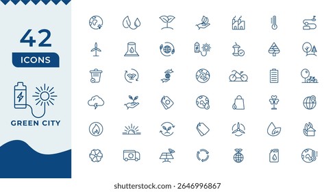 Green city icon set. Eco related line icons: environment, ecology, green energy, zero waste, CO2 neutral, air, water quality, nature and more.