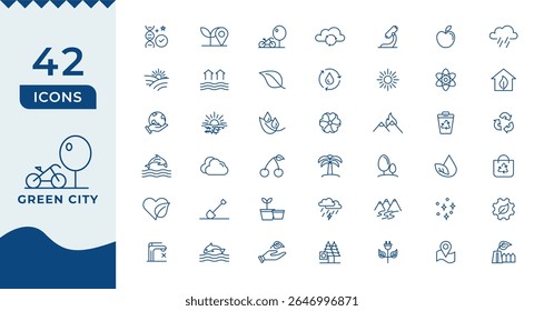 Green city icon set. Eco related line icons: environment, ecology, green energy, zero waste, CO2 neutral, air, water quality, nature and more.