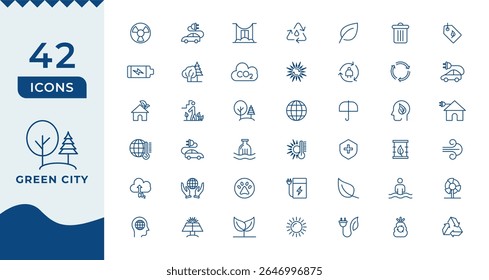 Green city icon set. Eco related line icons: environment, ecology, green energy, zero waste, CO2 neutral, air, water quality, nature and more.