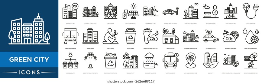 Green City icon set. Eco-Friendly City, Sustainable Urban Living, Urban Forest, Solar Energy Panels, Wind Turbines in City, Electric Vehicle Charging and Smart City Sustainability