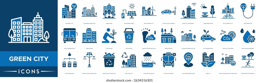 Green City icon set. Eco-Friendly City, Sustainable Urban Living, Urban Forest, Solar Energy Panels, Wind Turbines in City, Electric Vehicle Charging and Smart City Sustainability