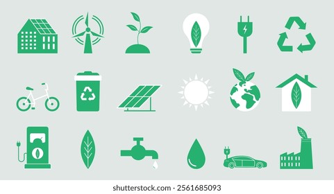 Green city icon set in simple minimalist style: solar panels, wind turbines, buildings and others. Ecology and sustainable city development, eco-friendly urban lifestyle, eco and green energy concept.