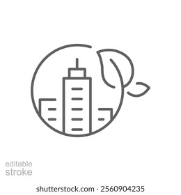 Green city icon. Simple outline style. Nature, business, house, tree, landscape, construction, building, leaf, environment concept. Thin line symbol. Vector illustration isolated. Editable stroke.