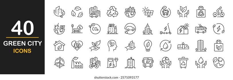 Green city icons set. Contains such icons as environmental, green energy, zero waste, use bike, bio filter, sustainable development, autonomous building, air a quality and more