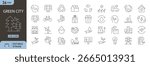 Green city icons set. Includes eco-friendly buildings, renewable energy, sustainable transport, green spaces, and clean environment concepts. Editable stroke. Line icons. Perfect for environmental.