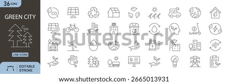 Green city icons set. Includes eco-friendly buildings, renewable energy, sustainable transport, green spaces, and clean environment concepts. Editable stroke. Line icons. Perfect for environmental.