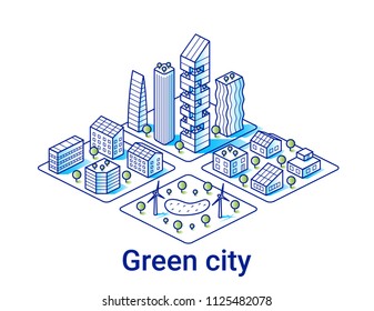 Green City Illustration In Linear Isometric Style. Modern Eco Houses And Skyscrapers With Solar Panels. Art Line. All Objects Editable.  