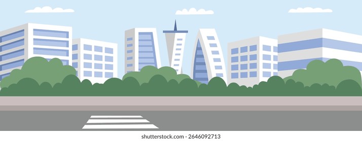Ilustração da cidade verde. Calçada de arranha-céu. Vista panorâmica do moderno centro da cidade. Edifício da cidade com calçada. Paisagem da cidade. Paisagem do centro. Cenário distrital.