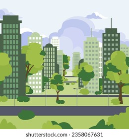 Green city infrastructure vector illustration. Modern eco-friendly skyscrapers with green roofs, parks and trees among buildings in urban area. Climate change, ecology, vegetation concept