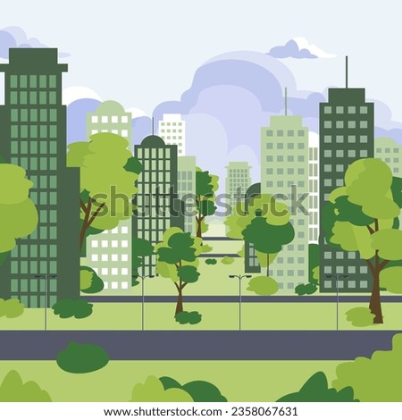 Green city infrastructure vector illustration. Modern eco-friendly skyscrapers with green roofs, parks and trees among buildings in urban area. Climate change, ecology, vegetation concept