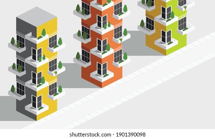 Green city isometric building, construction, on gray gradient with road, modular city