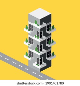 Green city isometric building, construction, on gray gradient with road, modular city