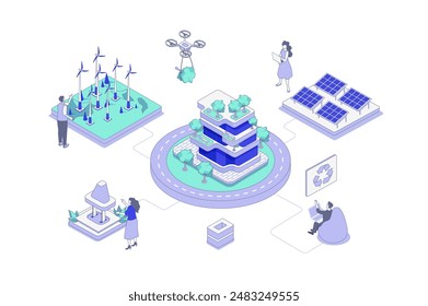 Isometrisches Konzept der grünen Stadt im Entwurf der Umrissiometrie für Web. Menschen, die alternative Energiequellen und umweltfreundliche Infrastrukturen in Smart-City-Systemen überwachen und verwalten. Vektorillustration.