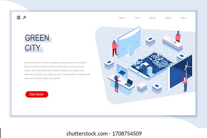 Green city isometric landing page. Ecology conservation, environment and sustainable, renewable resources end green energy. Digital technology and devices. People in work situation 3d vector isometry.
