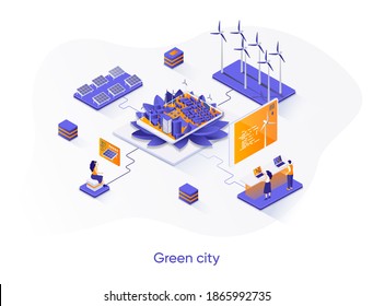 Green city isometric web banner. Alternative power generation isometry concept. Solar battery and wind turbine 3d scene, green energy technology flat design. Vector illustration with people characters