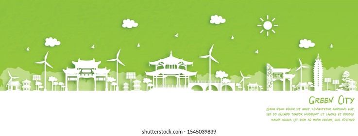 Green city of Kunming, China. Environment and ecology concept in paper cut style. Vector illustration.