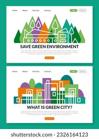Green City Landing Page with Line Environmental Friendly Building Vector Template