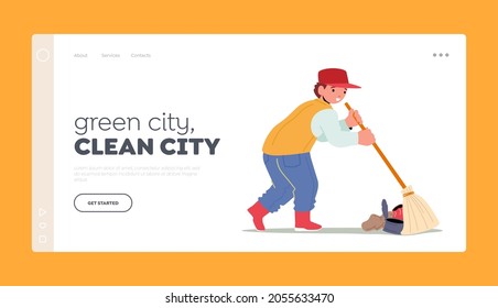 Green City Landing Page Template. Volunteer Child Character Cleaning Garbage Sweeping Ground, Collecting Trash. Volunteering Charity and Ecology Protection. Cartoon People Vector Illustration