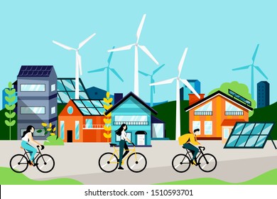 Green City Landscape With Modern Buildings, Cyclists, Solar Panels And Wind Turbines. Eco Urban Living And Saving Environment Concept. Vector Flat Cartoon Illustration.